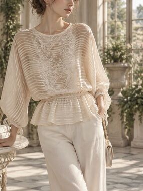 Vintage Pure Silk Lace Peplum Cream Blouse